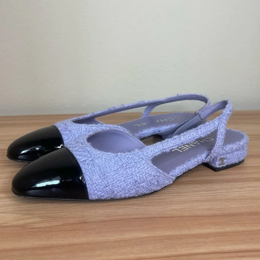 RARE Chanel Boucle Purple and Patent Leather Flat Slingbacks 37.5 - Picture 3 of 11